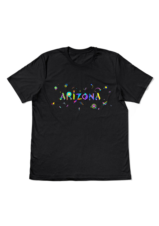 ARIZONA, printed colorful Memphis style font black flat tee