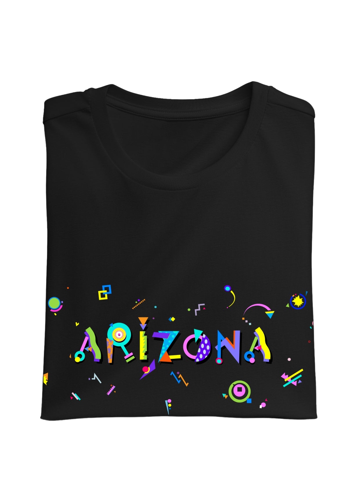 ARIZONA, printed colorful Memphis font black folded tee