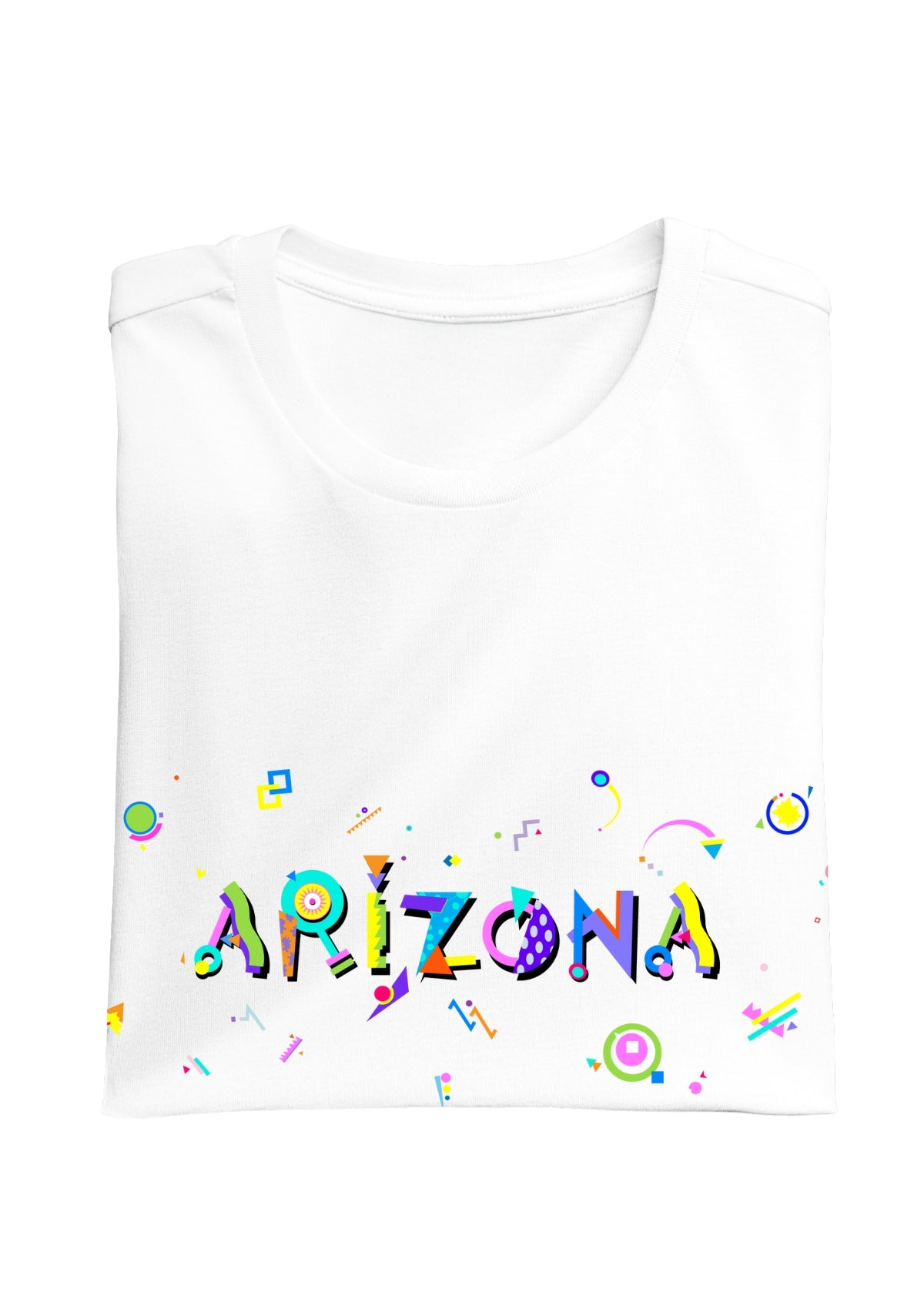 ARIZONIA printed in colorful letters - Memphis style fonts - white-folded-tee
