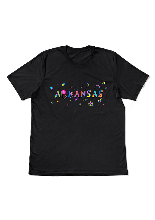 ARKANSAS, printed colorful Memphis style font black flat tee