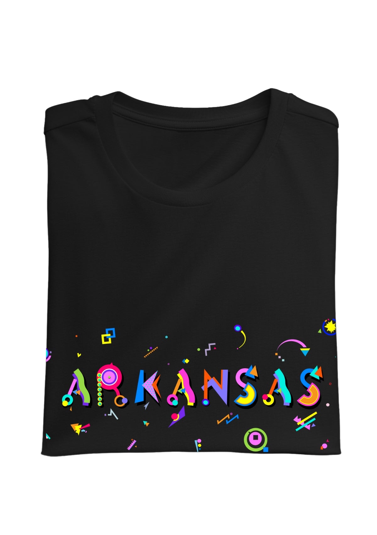ARKANSAS, printed colorful Memphis font black folded tee