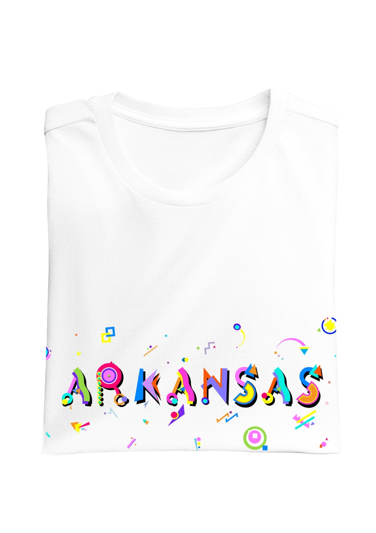 ARKANSAS printed in colorful letters - Memphis style fonts - white-folded-tee