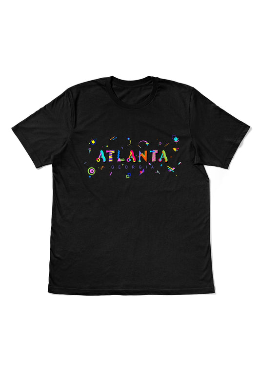 ATLANTA, GEORGIA, printed colorful Memphis style font black flat tee