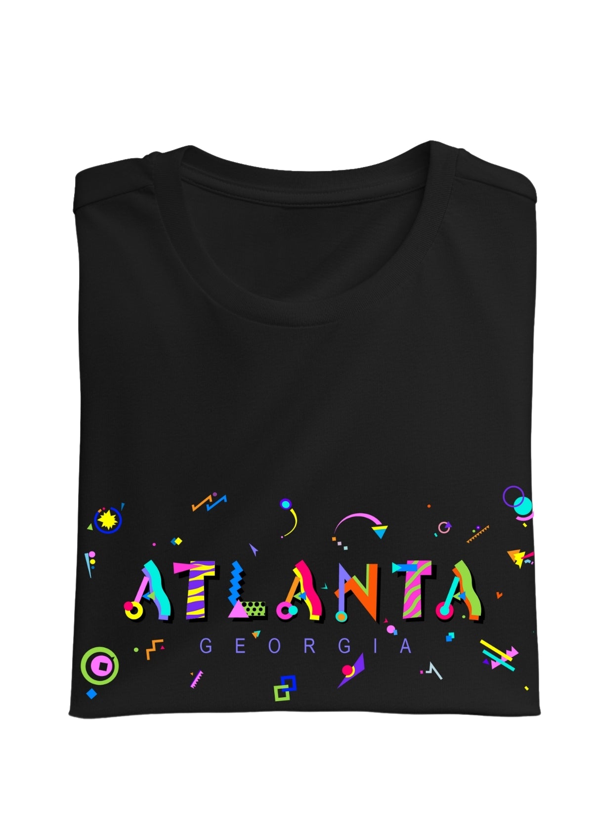 ATLANTA, GEORGIA, printed colorful Memphis font black folded tee