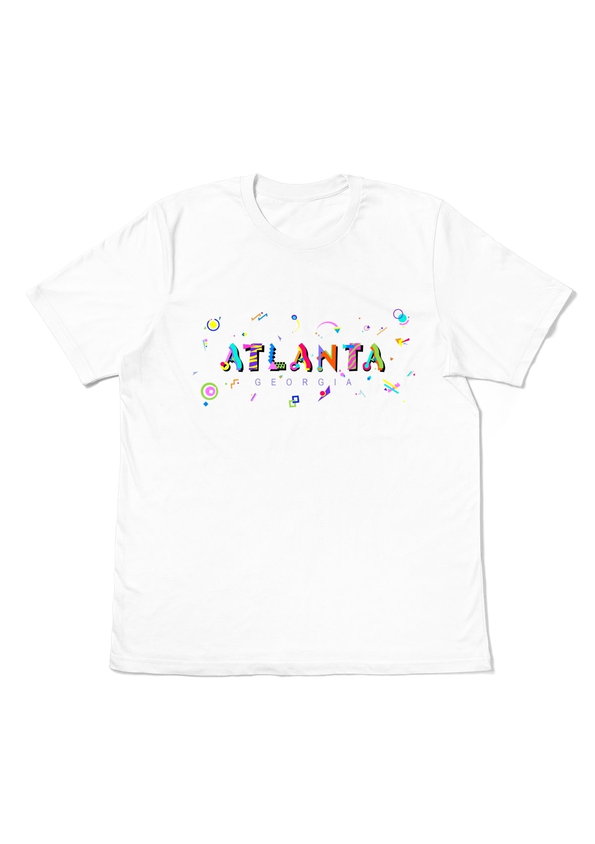 ATLANTA, GEORGIA, printed colorful Memphis font white flat tee