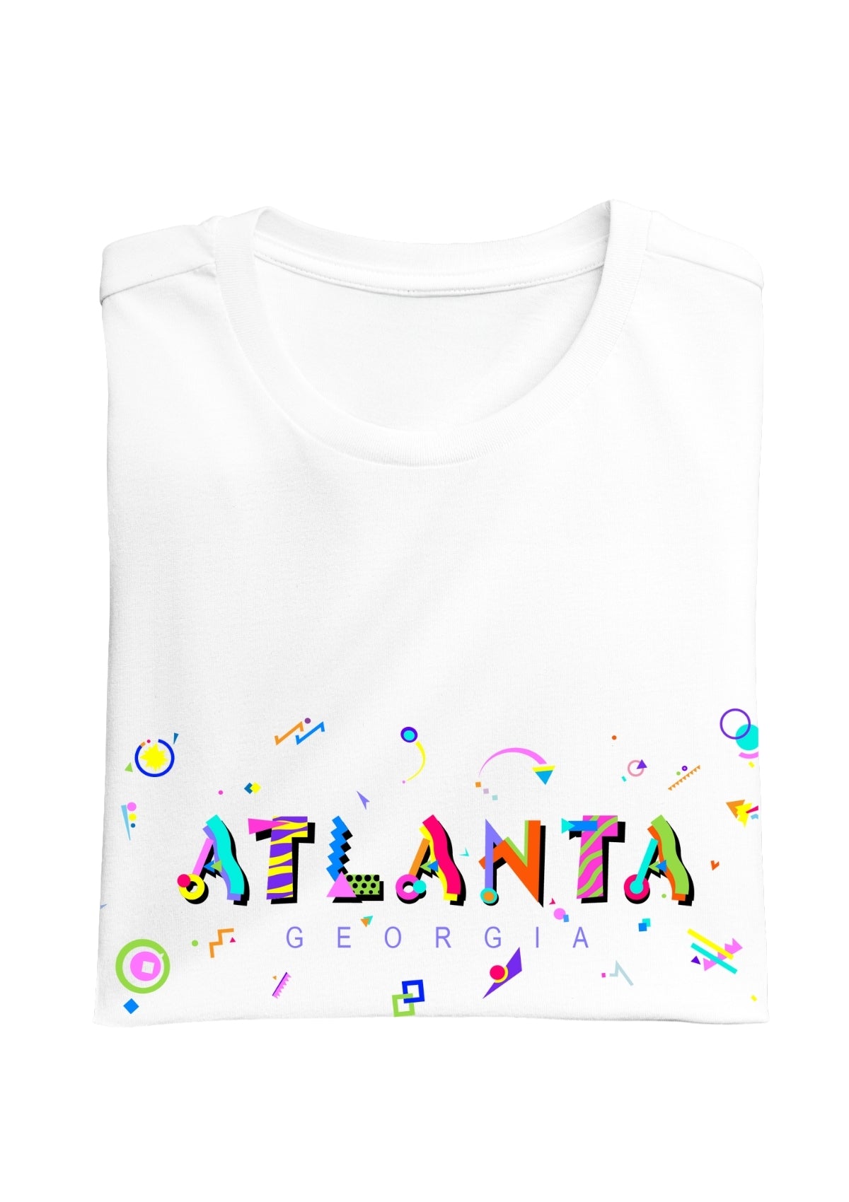 ATLANTA, GEORGIA colorful Memphis Style Font on white folded tee