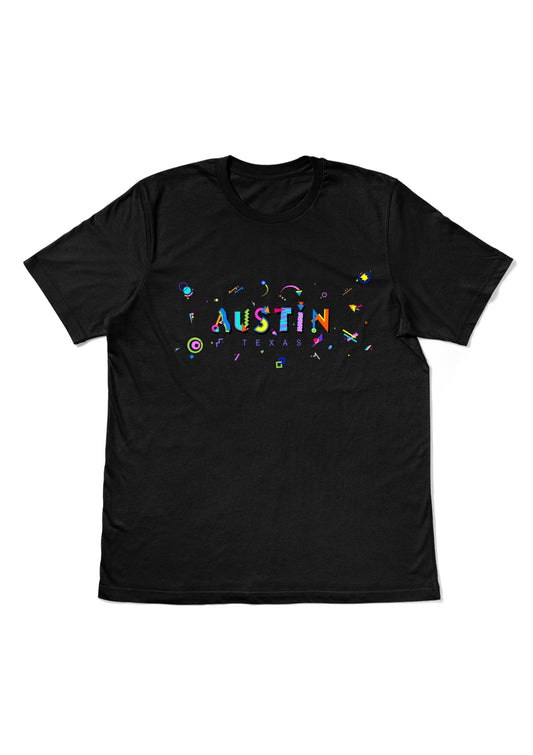 AUSTIN, TEXAS, printed colorful Memphis style font black flat tee