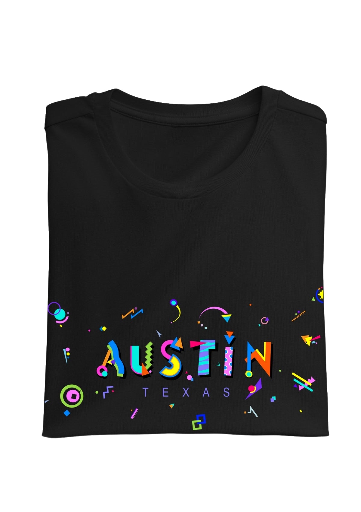 AUSTIN, TEXAS, printed colorful Memphis font black folded tee