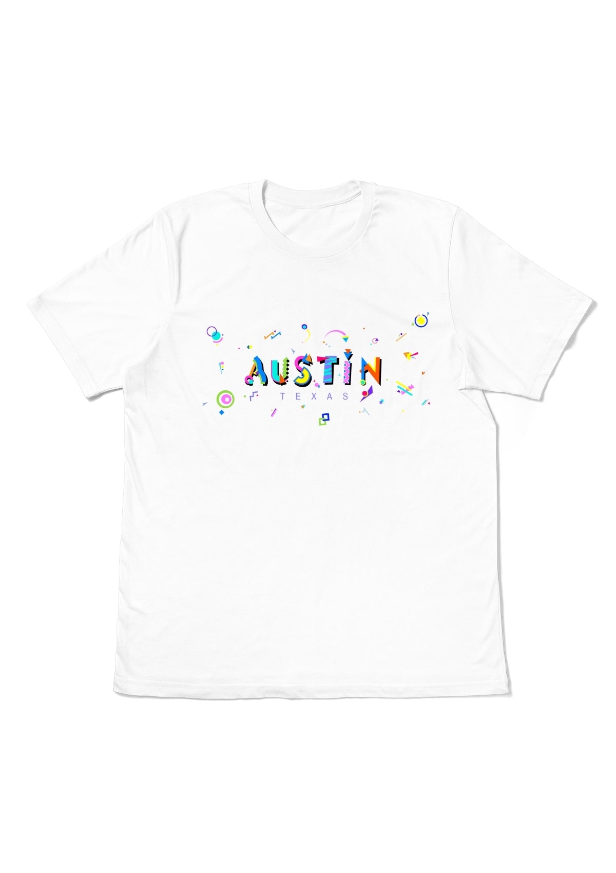 AUSTIN, TEXAS, printed colorful Memphis font white flat tee