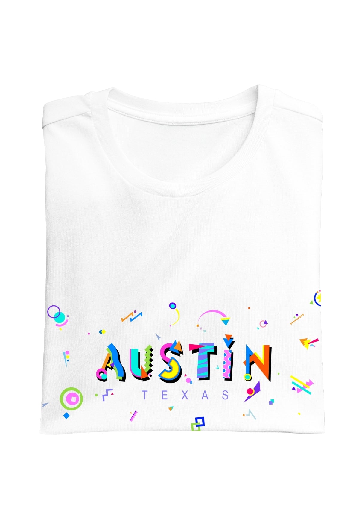 AUSTIN, TEXAS, colorful Memphis Style Font on white folded tee