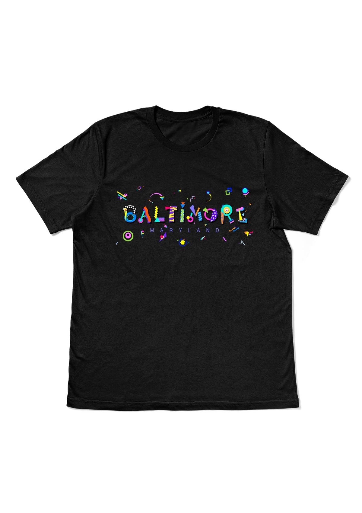 BALTIMORE, MARYLAND, printed colorful Memphis style font black flat tee
