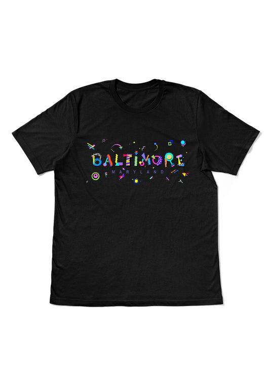 BALTIMORE, MARYLAND, printed colorful Memphis style font black flat tee
