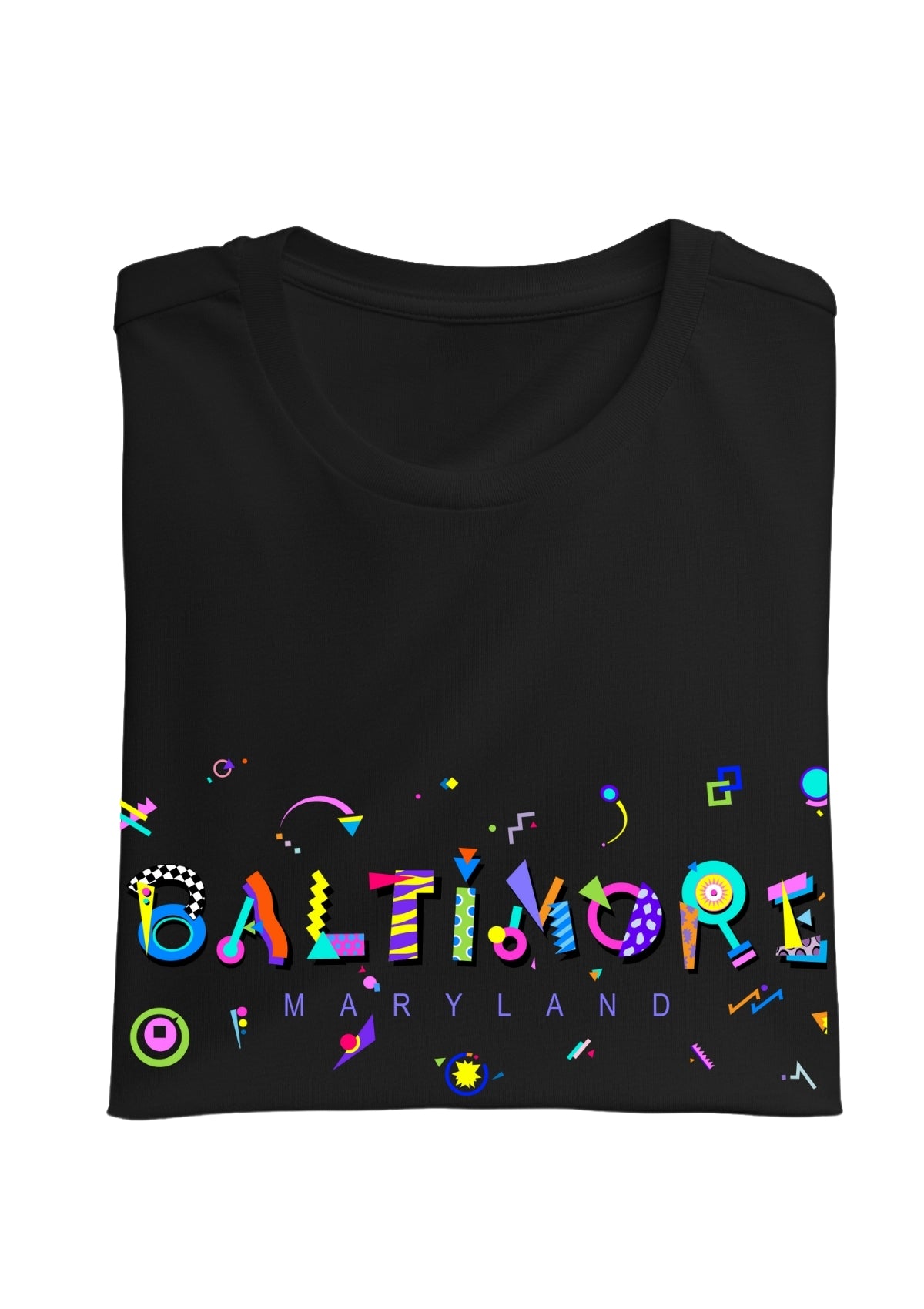BALTIMORE, MARYLAND, printed colorful Memphis font black folded tee