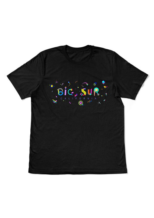 BIG SUR, CALIFORNIA, printed colorful Memphis style font black flat tee