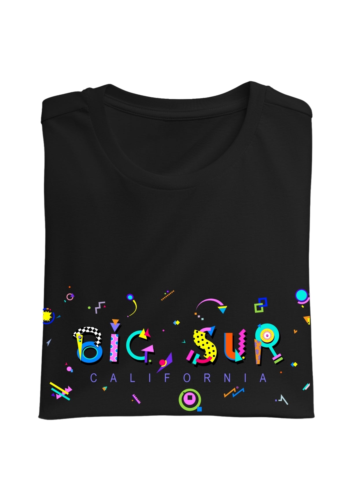 BIG SUR, CALIFORNIA, printed colorful Memphis font black folded tee