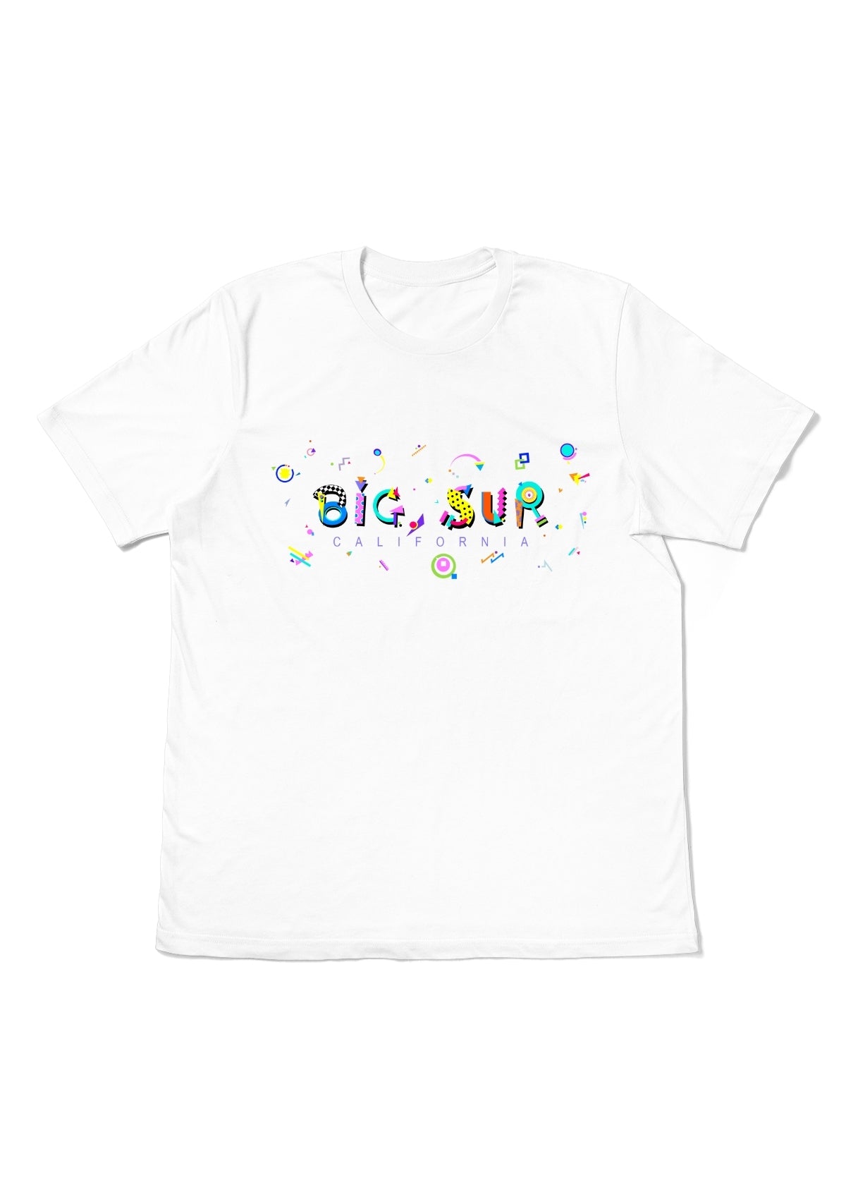 BIG SUR, CALIFORNIA, printed colorful Memphis font white flat tee