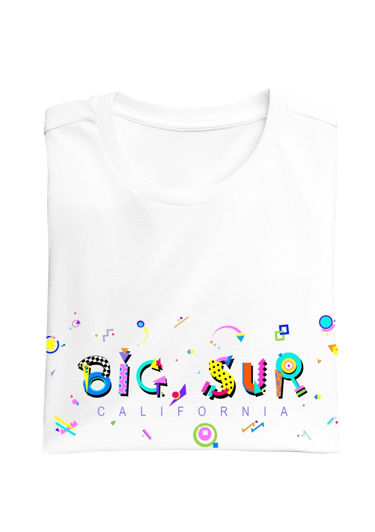 BIG SUR, CALIFORNIA colorful Memphis Style Font on white folded tee