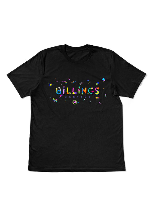 BILLINGS, MONTANA,
printed colorful Memphis style font black flat tee