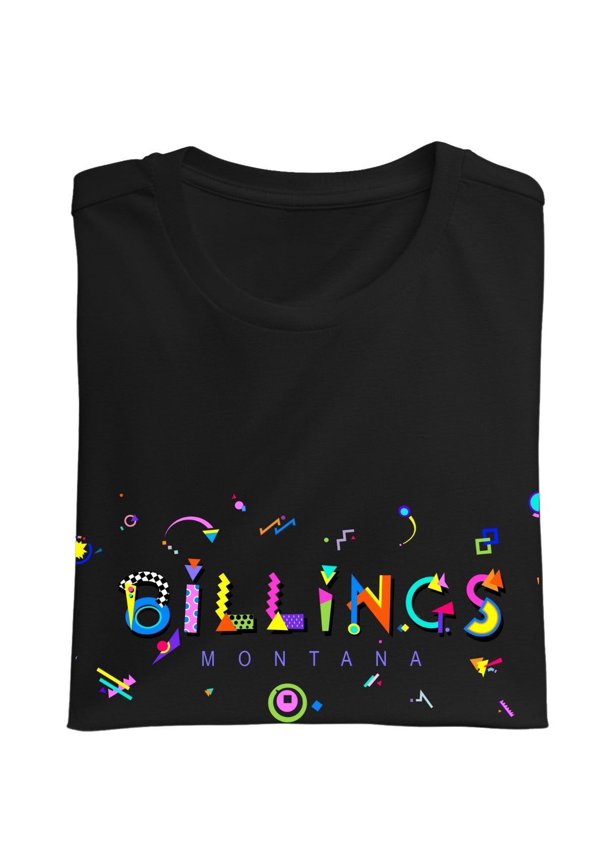 BILLINGS, MONTANA, printed colorful Memphis font black folded tee