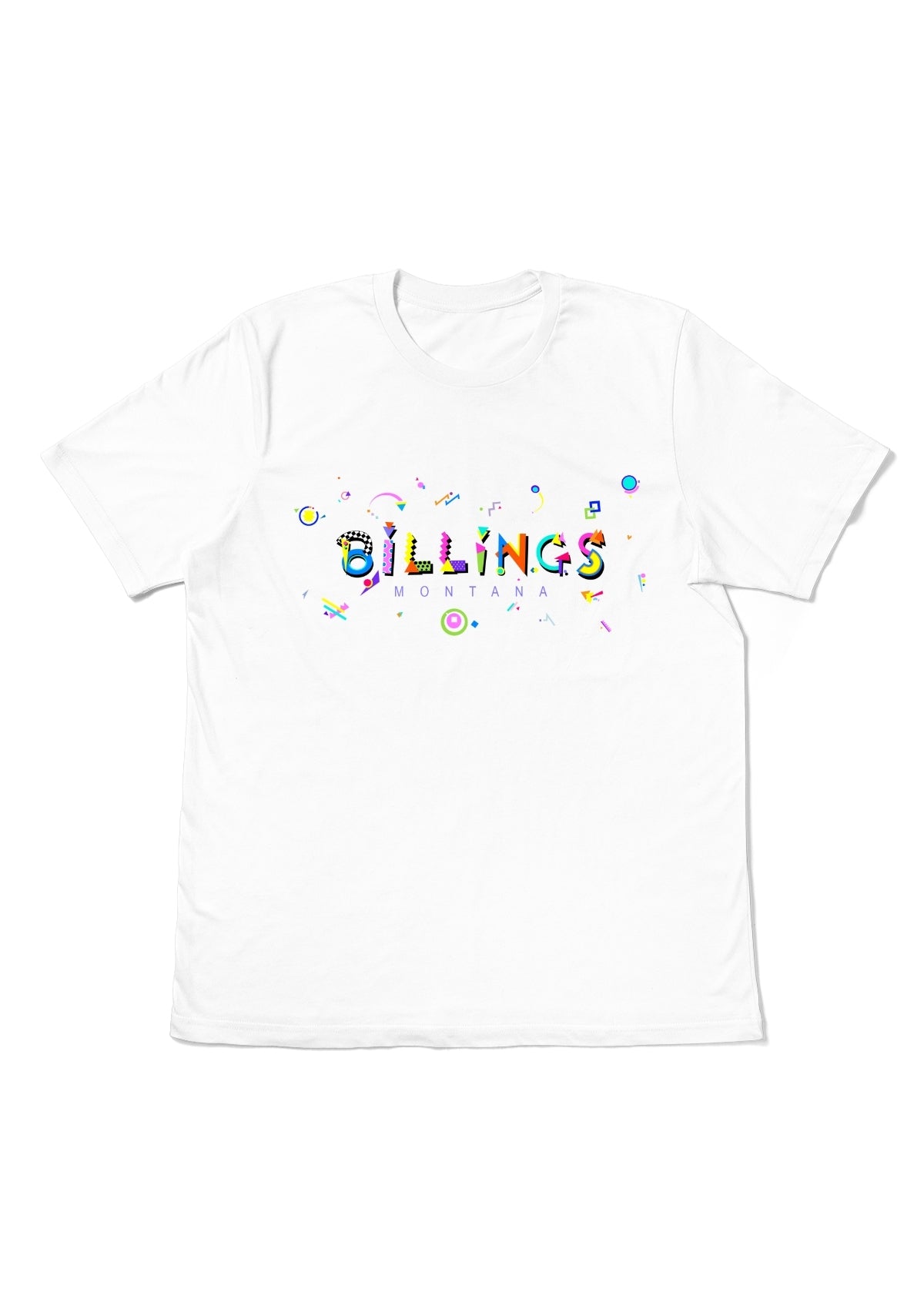 BILLINGS, MONTANA, printed colorful Memphis font white flat tee
