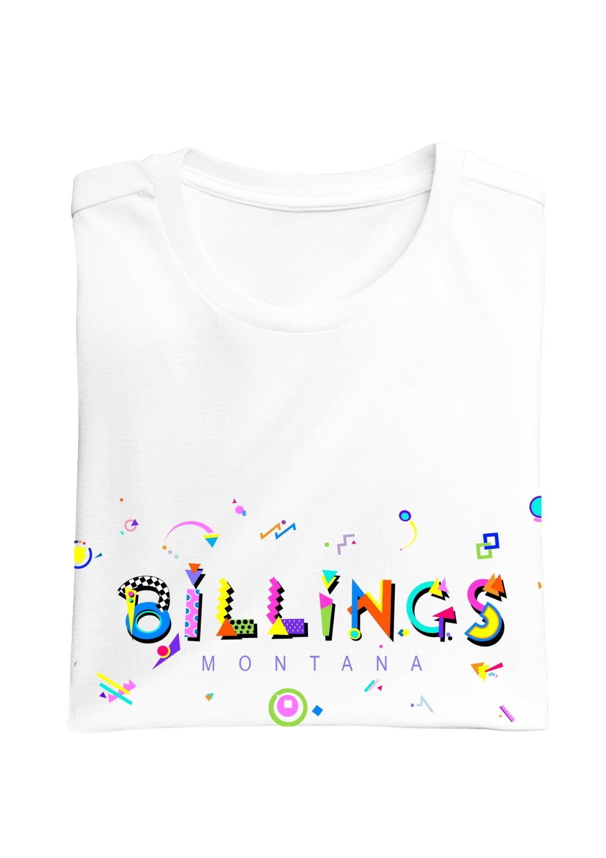 BILLINGS, MONTANA, colorful Memphis Style Font on white folded tee