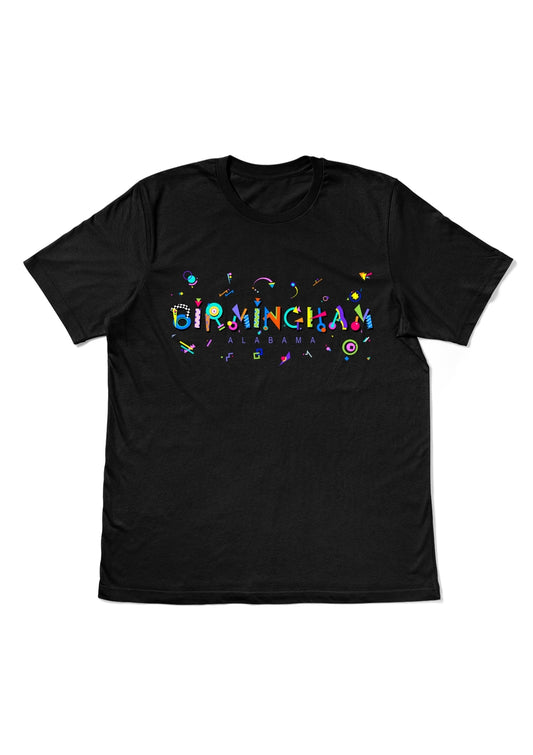 BIRMINGHAM, ALABAMA, printed colorful Memphis style font black flat tee
