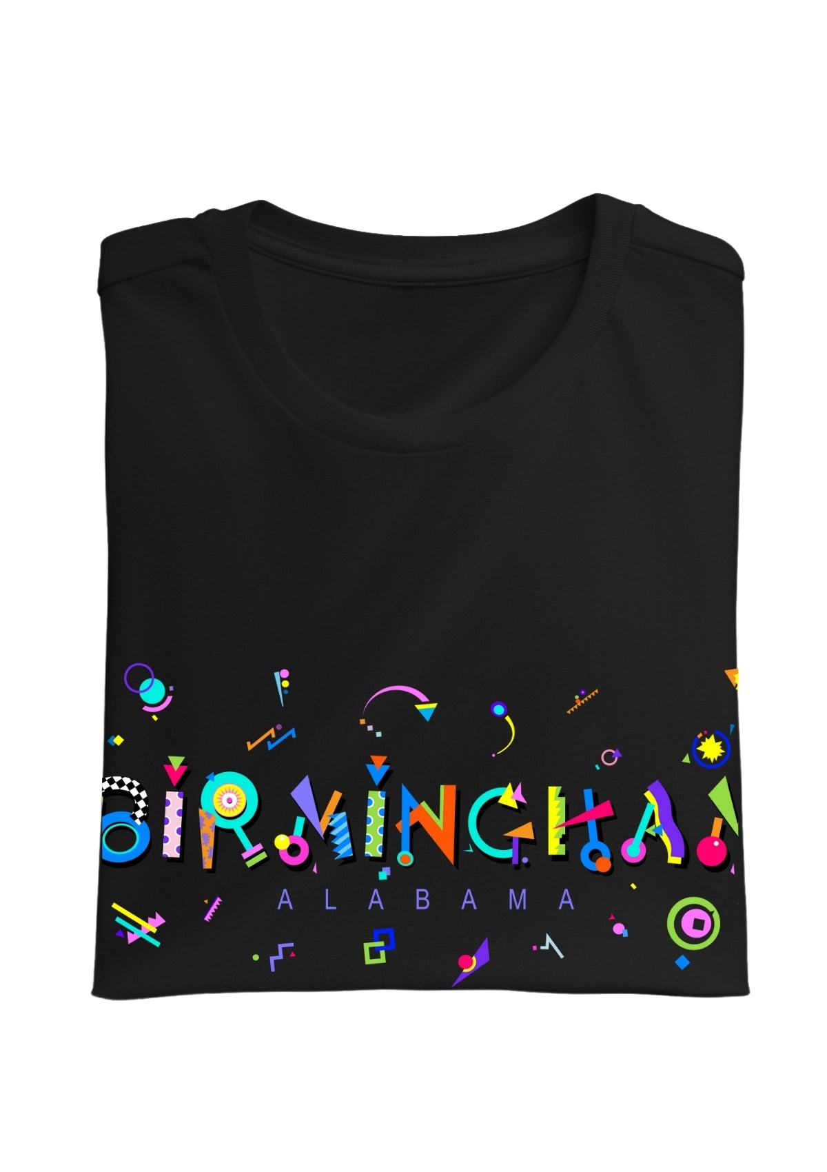 BIRMINGHAM, ALABAMA, printed colorful Memphis font black folded tee