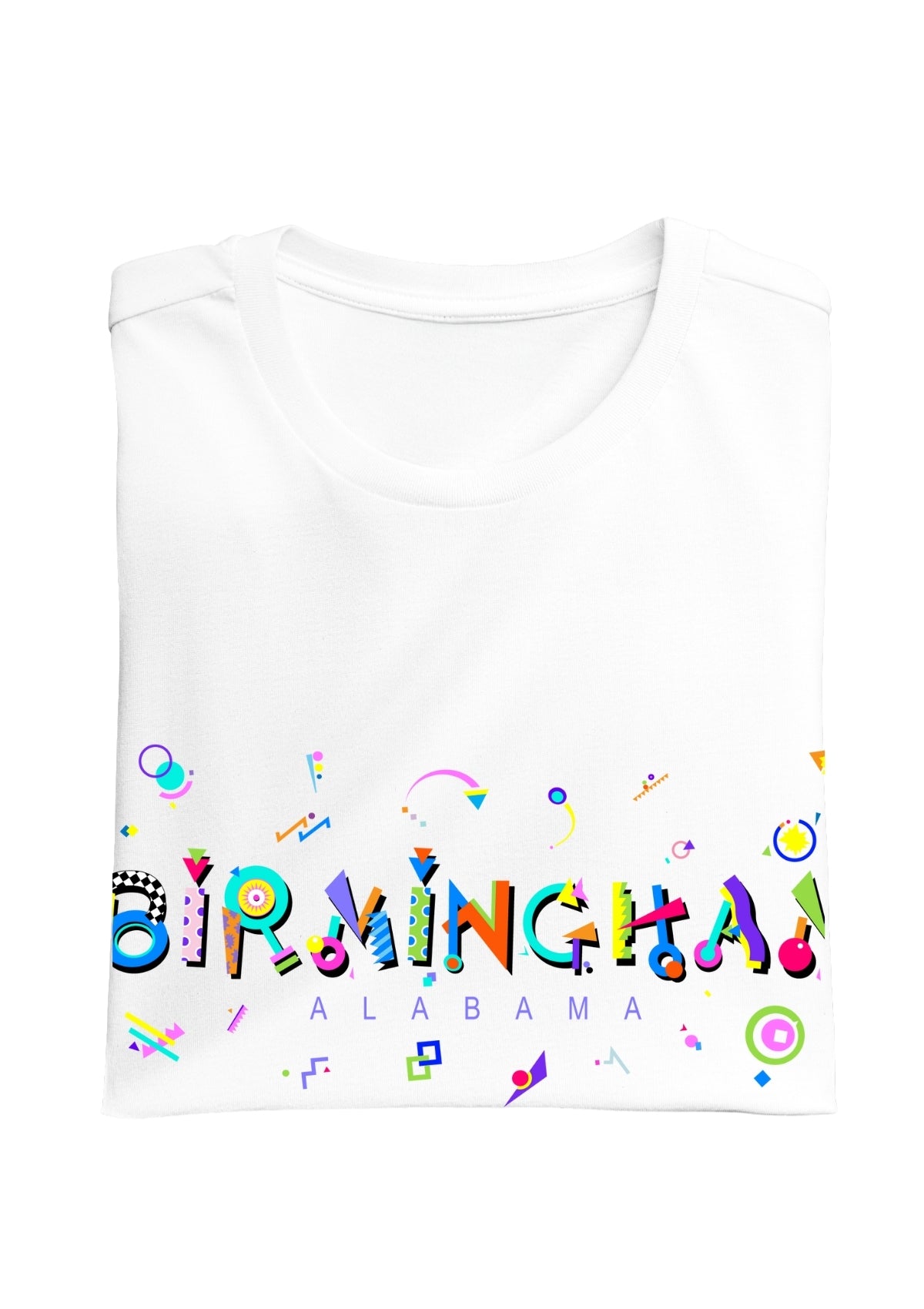 BIRMINGHAM, ALABAMA, colorful Memphis Style Font on white folded tee