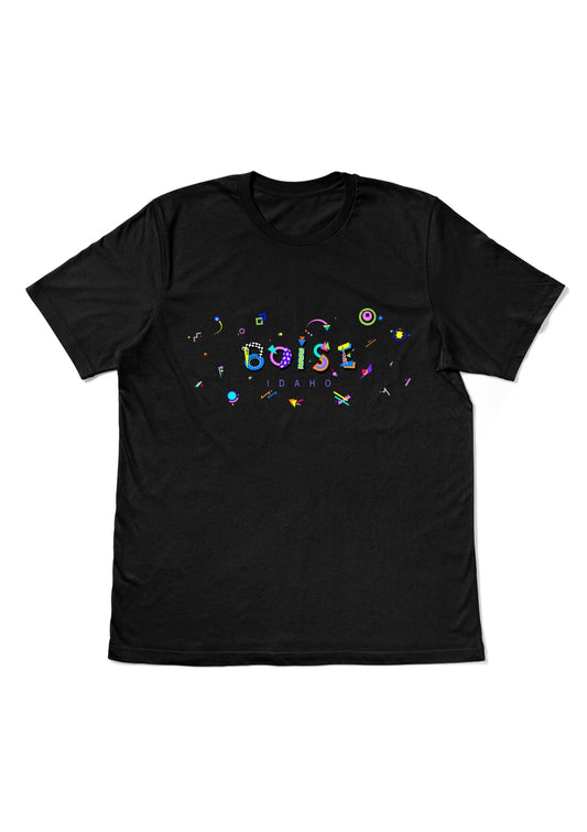 BOISE, IDAHO, printed colorful Memphis style font black flat tee