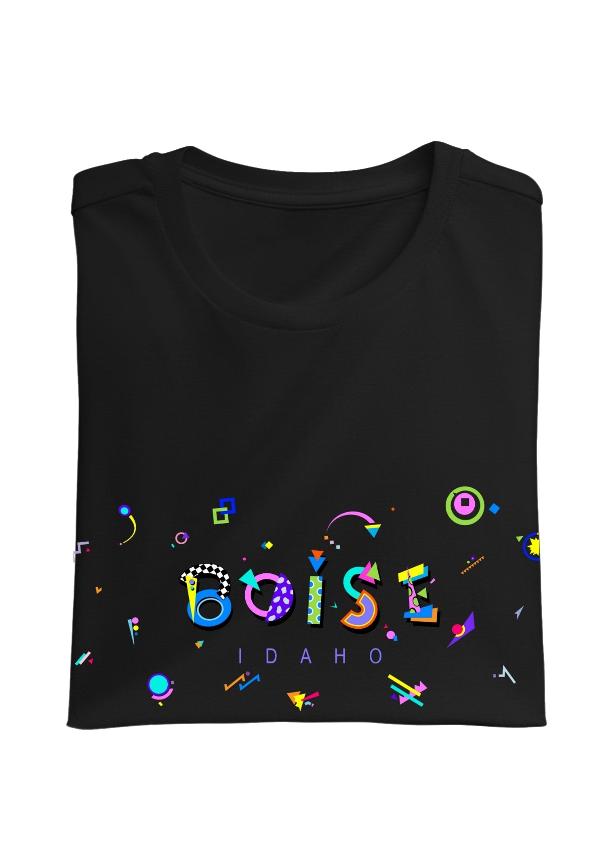BOISE, IDAHO, printed colorful Memphis font black folded tee