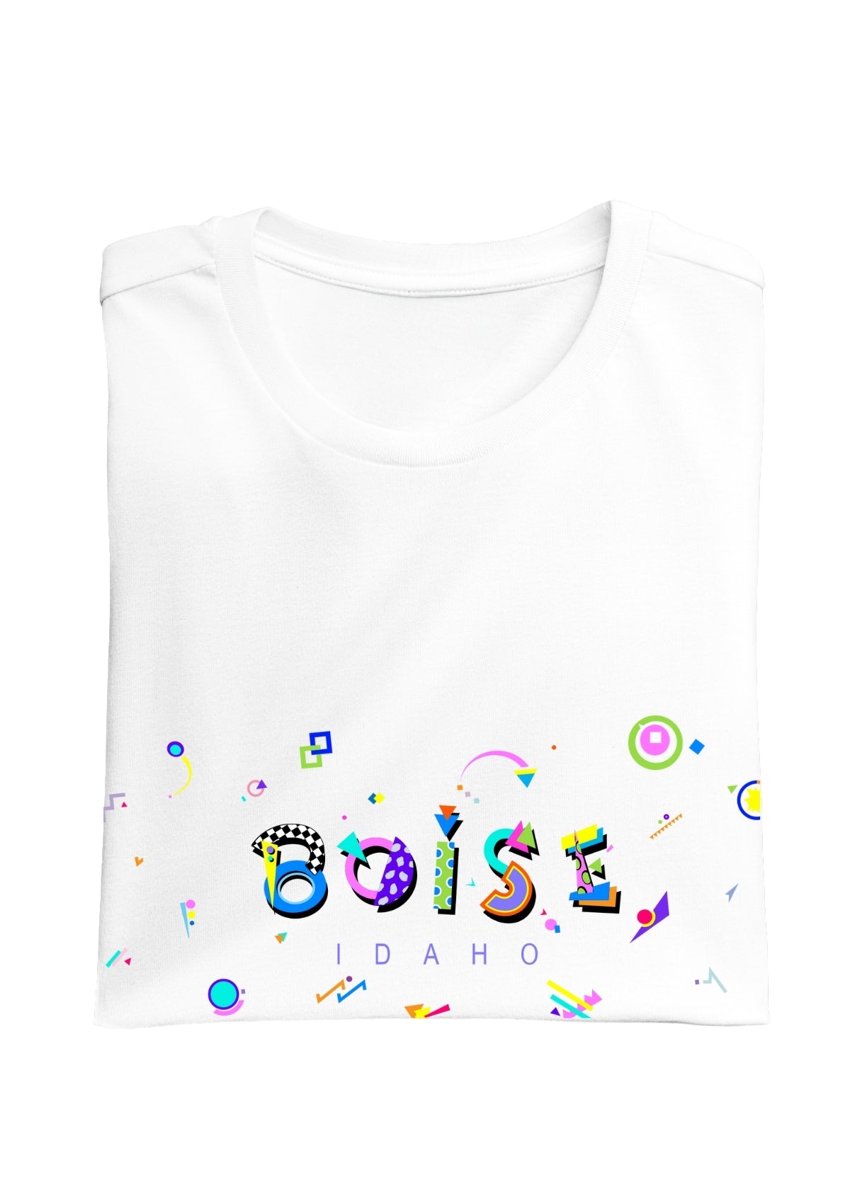 BOISE, IDAHO, colorful Memphis Style Font on white folded tee