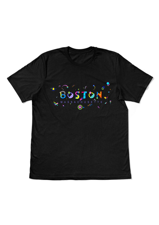 BOSTON MASSACHUSETTS, printed colorful Memphis style font black flat tee