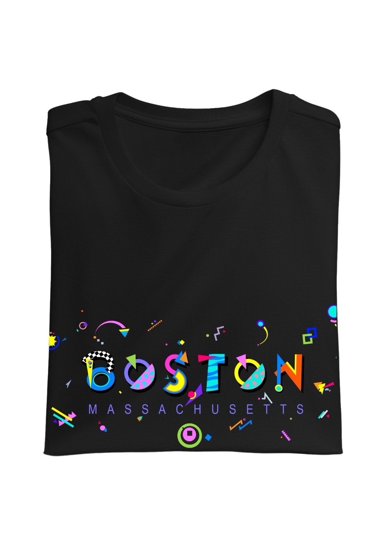 BOSTON, MASSACHUSETTS, printed colorful Memphis font black folded tee
