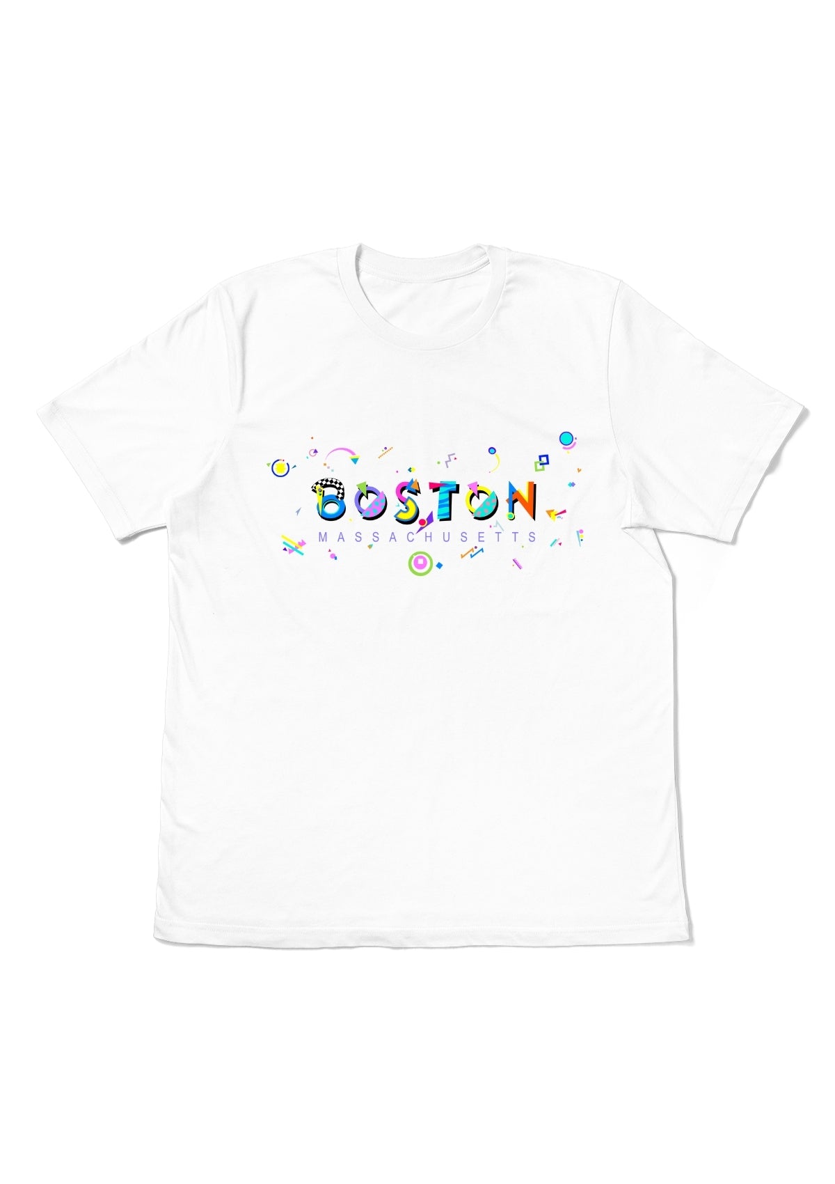 BOSTON, MASSACHUSETTS, printed colorful Memphis font white flat tee