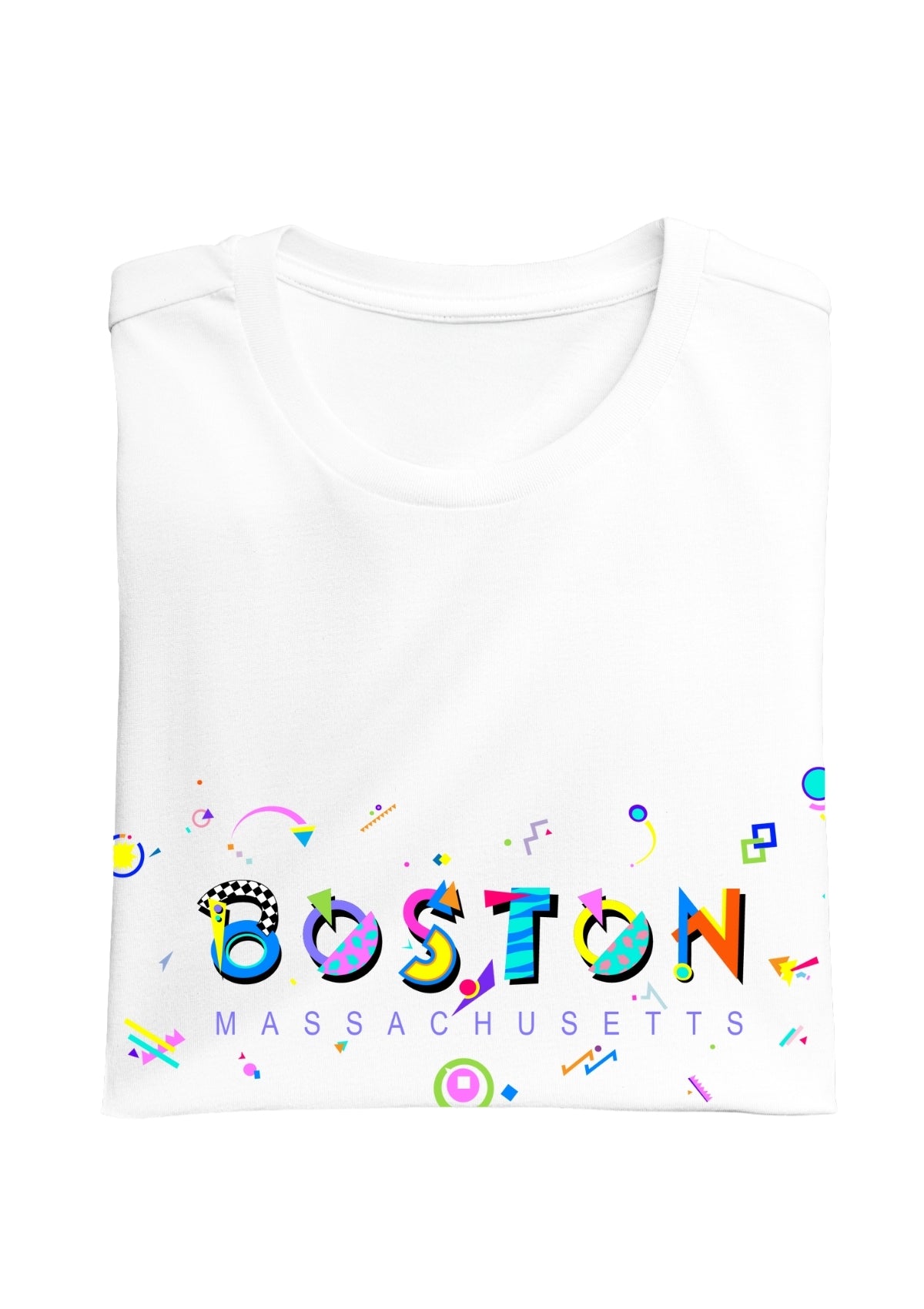 BOSTON, MASSACHUSETTS, colorful Memphis Style Font on white folded tee