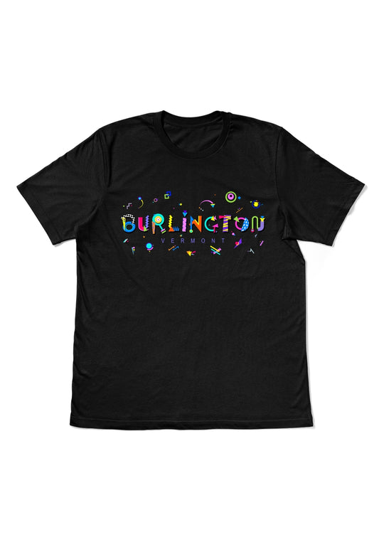 BURLINGTON, VERMONT, printed colorful Memphis style font black flat tee