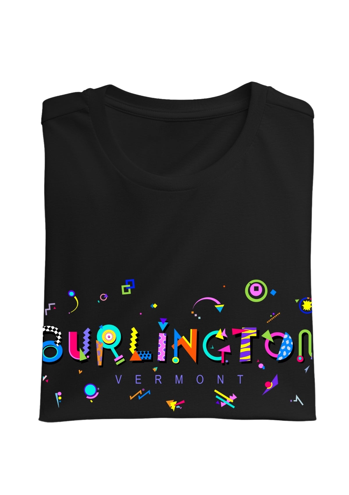 BURLINGTON, VERMONT, printed colorful Memphis font black folded tee