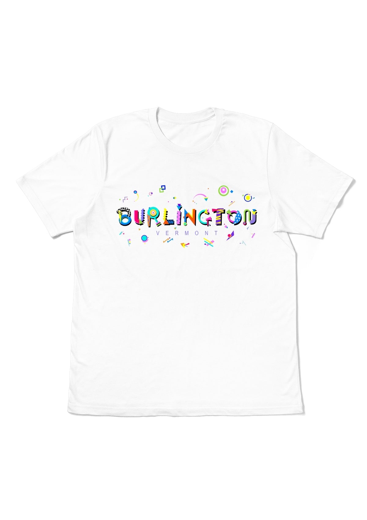 BURLINGTON, VERMONT, printed colorful Memphis font white flat tee