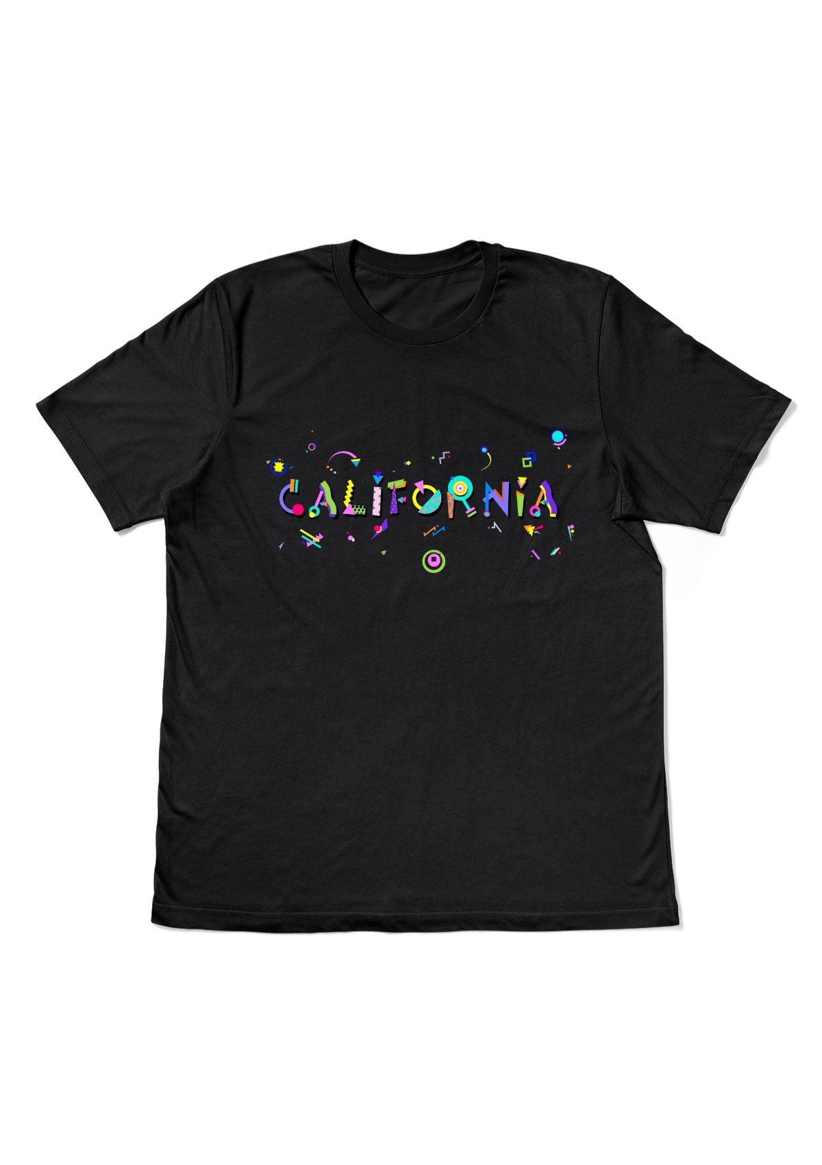 CALIFORNIA, printed colorful Memphis style font black flat tee