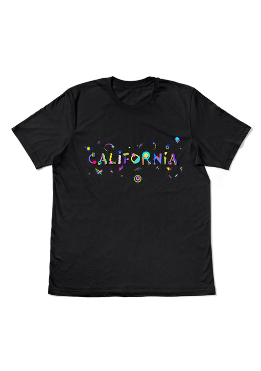 CALIFORNIA, printed colorful Memphis style font black flat tee