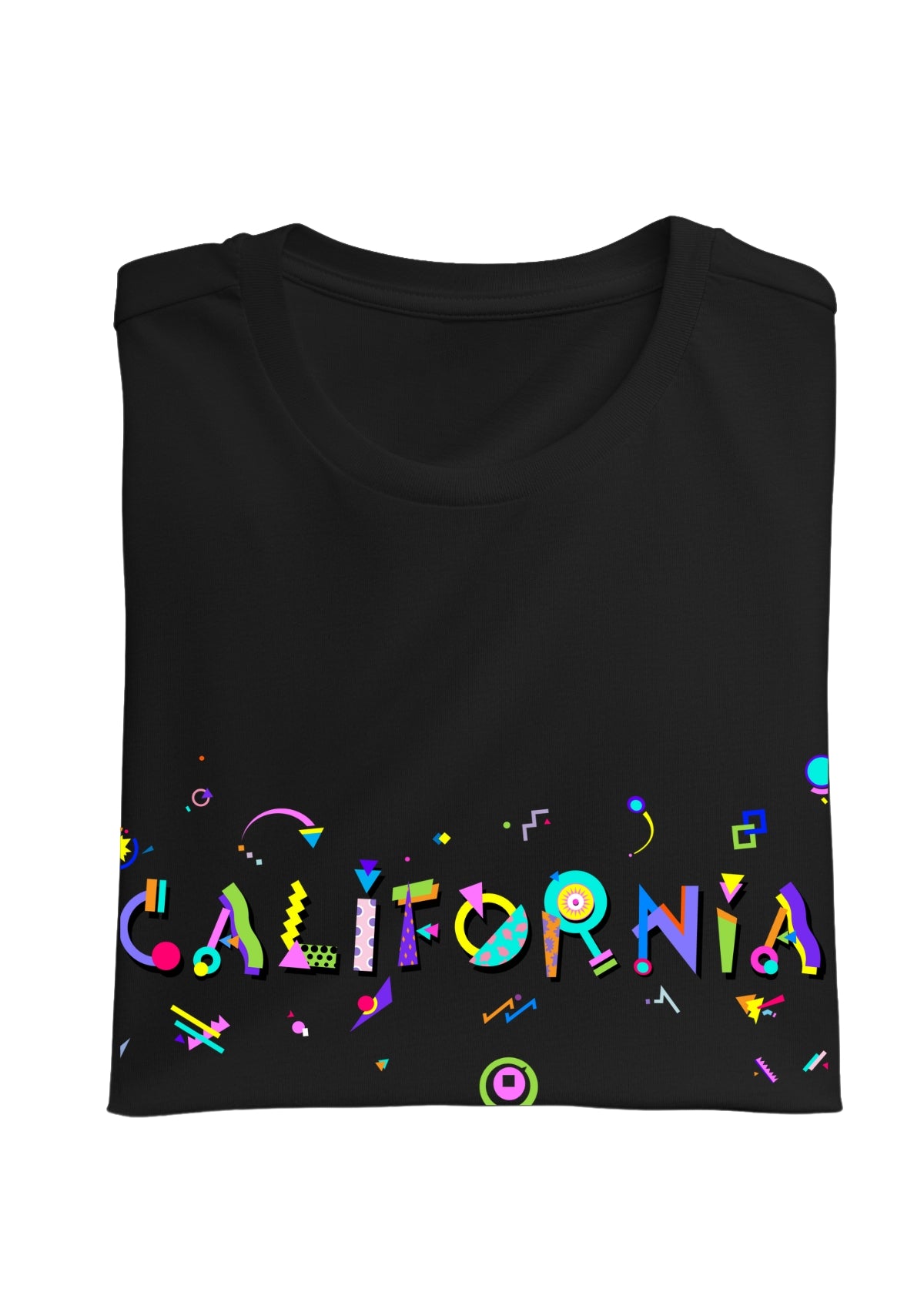 CALIFORNIA, printed colorful Memphis font black folded tee