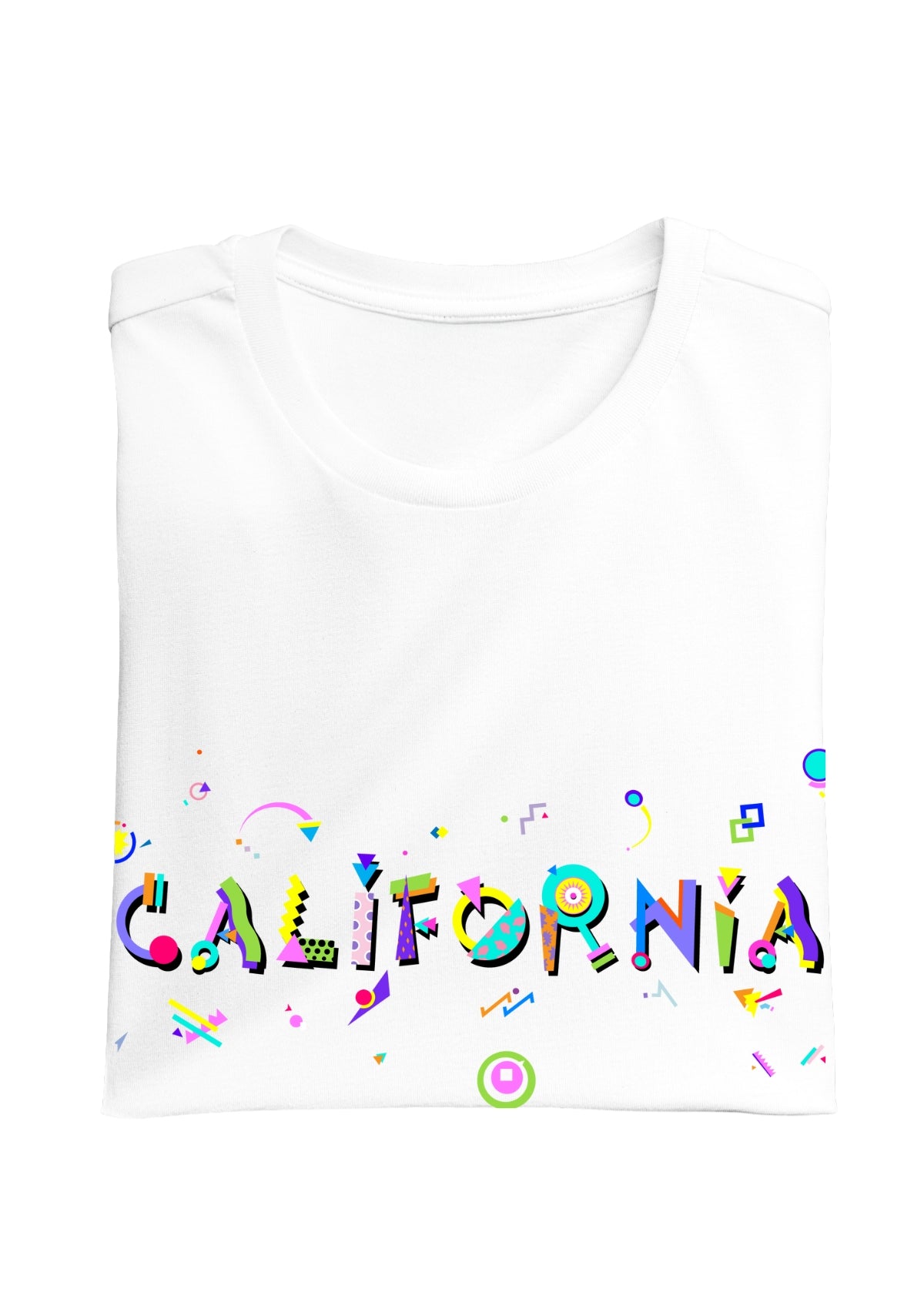 CALIFORNIA printed in colorful letters - Memphis style fonts - white-folded-tee
