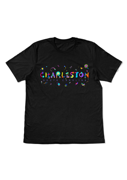CHARLESTON, SOUTH CAROLINA, printed colorful Memphis style font black flat tee