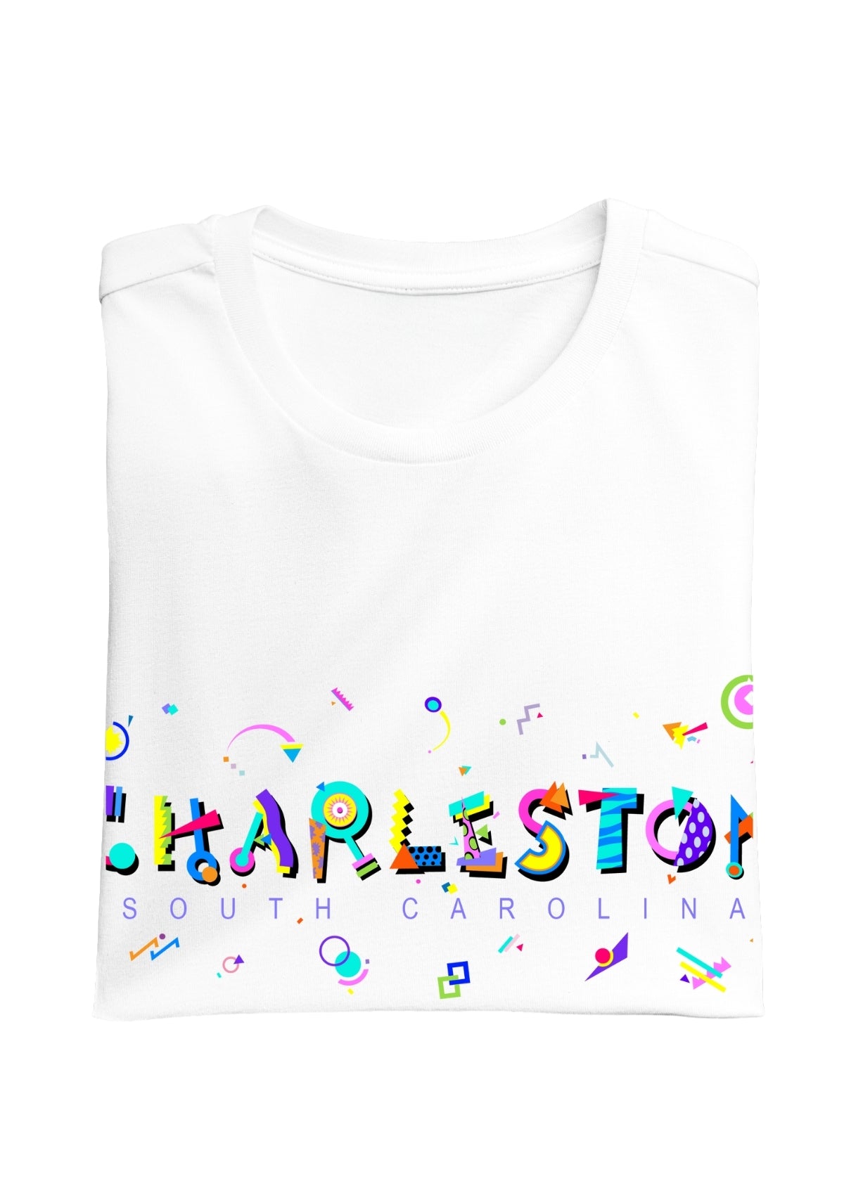 CHARLESTON, SOUTH CAROLINA, colorful Memphis Style Font on white folded tee