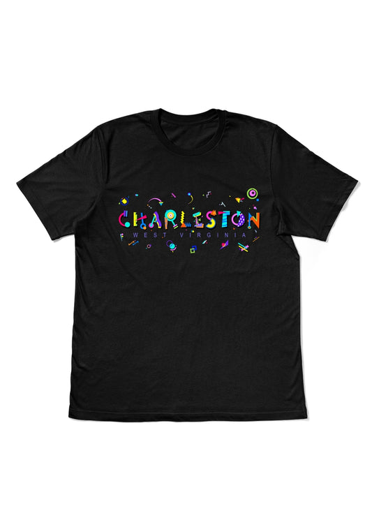 CHARLESTON, WEST VIRGINIA, printed colorful Memphis style font black flat tee
