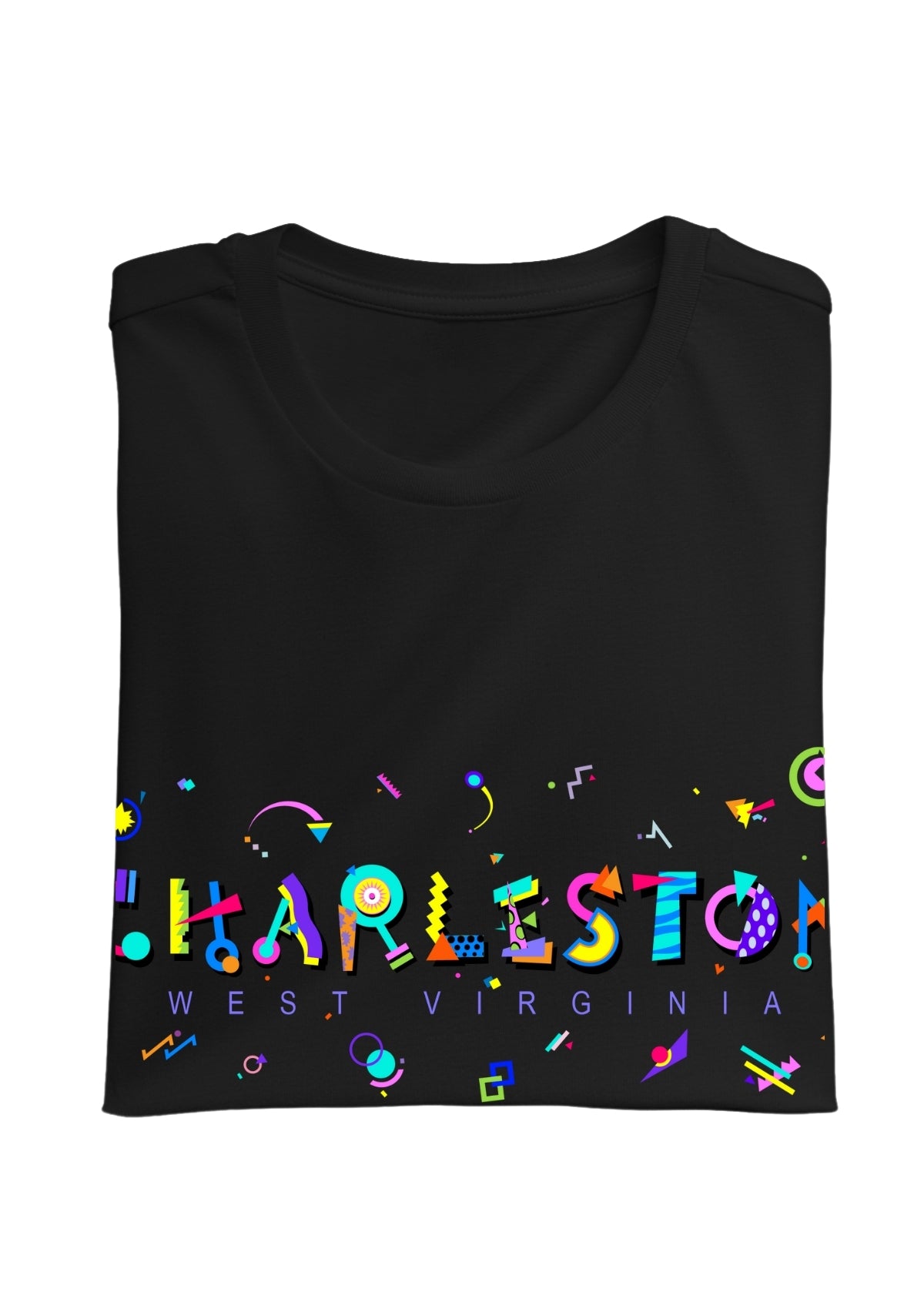 CHARLESTON, WEST VIRGINIA, printed colorful Memphis font black folded tee