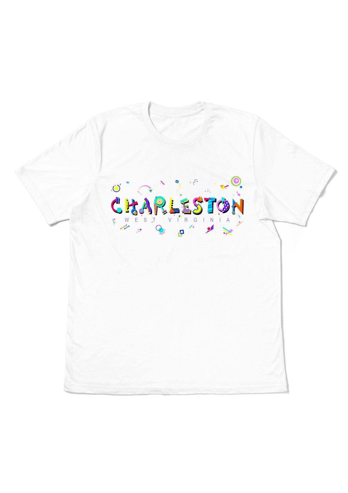 CHARLESTON, WEST VIRGINIA, printed colorful Memphis font white flat tee