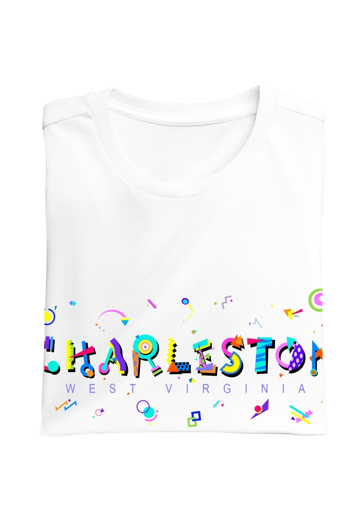 CHARLESTON, WEST VIRGINIA, colorful Memphis Style Font on white folded tee