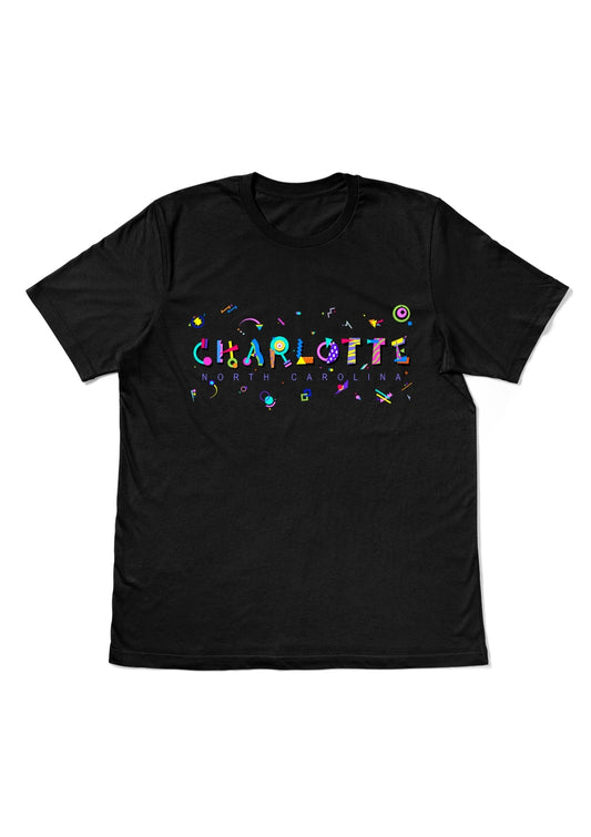 CHARLOTTE, NORTH CAROLINA, printed colorful Memphis style font black flat tee