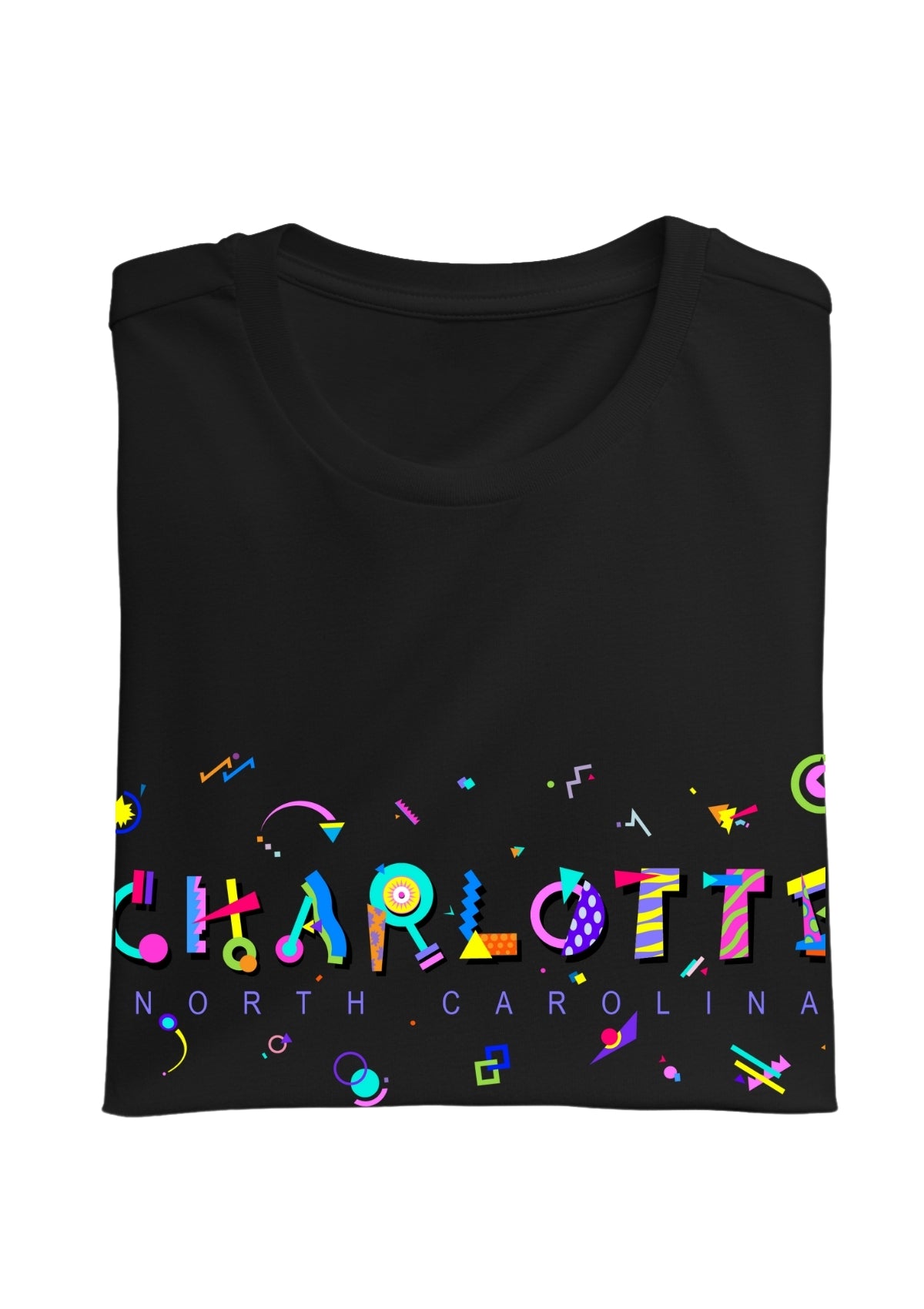 CHARLOTTE, NORTH CAROLINA,, printed colorful Memphis font black folded tee